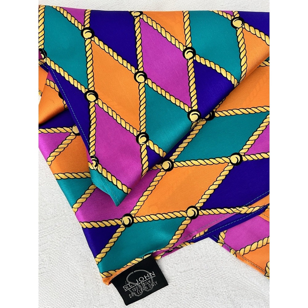 Vintage St John 100% Silk Scarf Harlequin Diamond Gold Rope Colorful